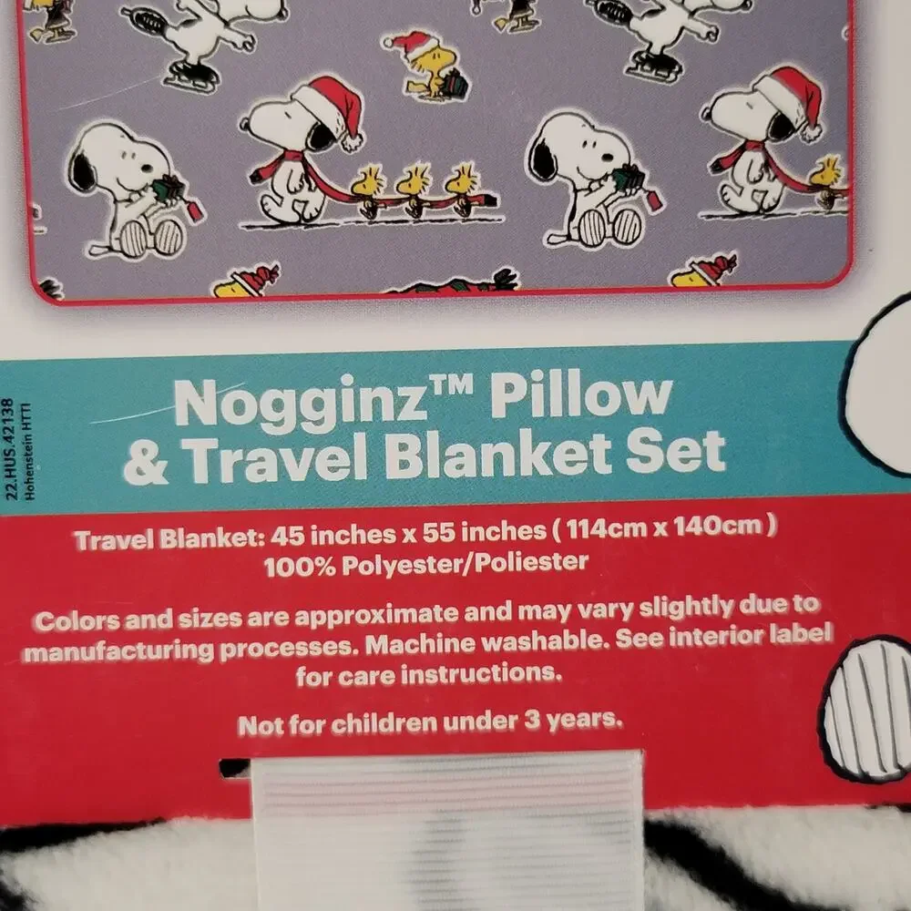 Nogginz Snoopy Peanuts Christmas Pillow‎ Fleece Travel Blanket Set Holiday Gift